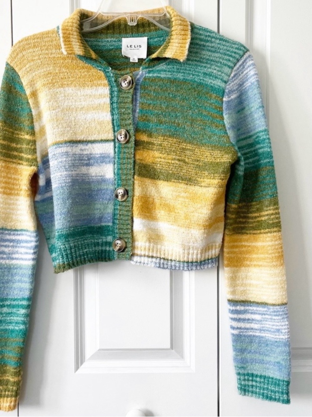 Dolls Kill Le Lis Blue & Yellow Cropped Striped Button-Up Sweater